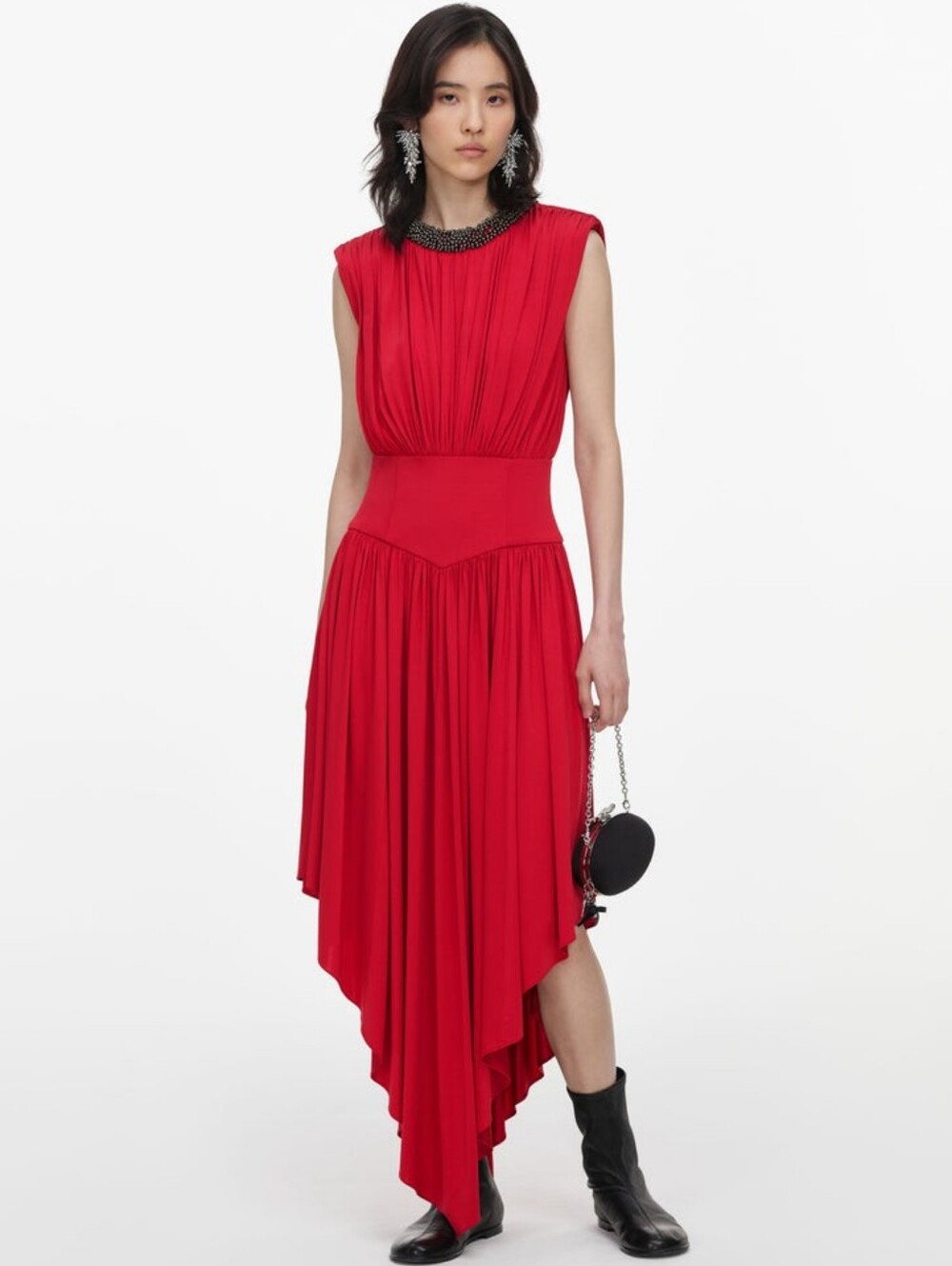 Self Portrait Red Jersey Drape Asymmetric Midi Dress